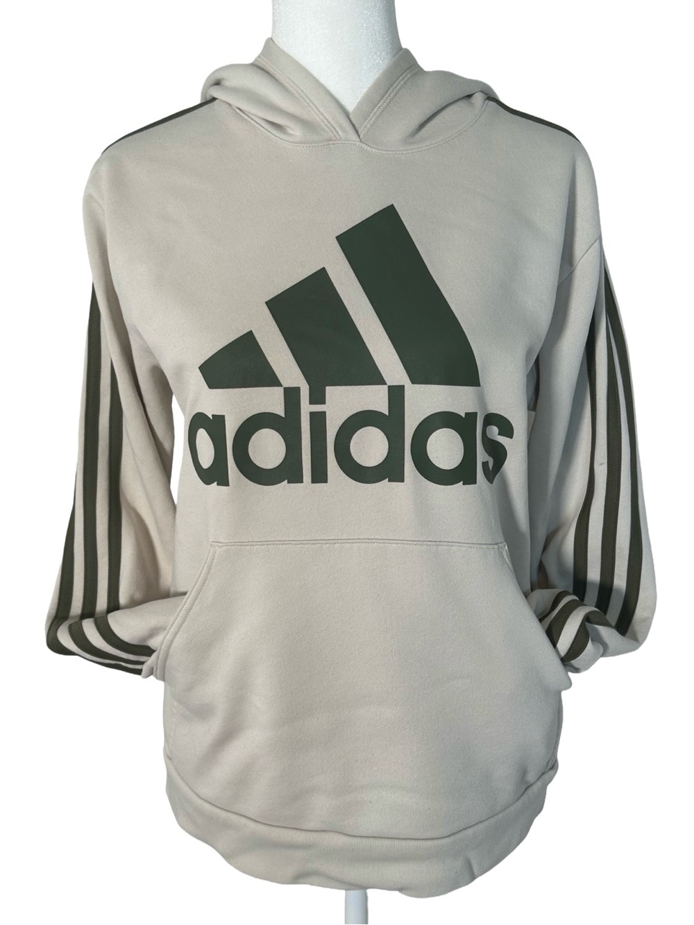 adidas Youth Hoodie in Light Beige with Hunter Green Logo Large 14/16